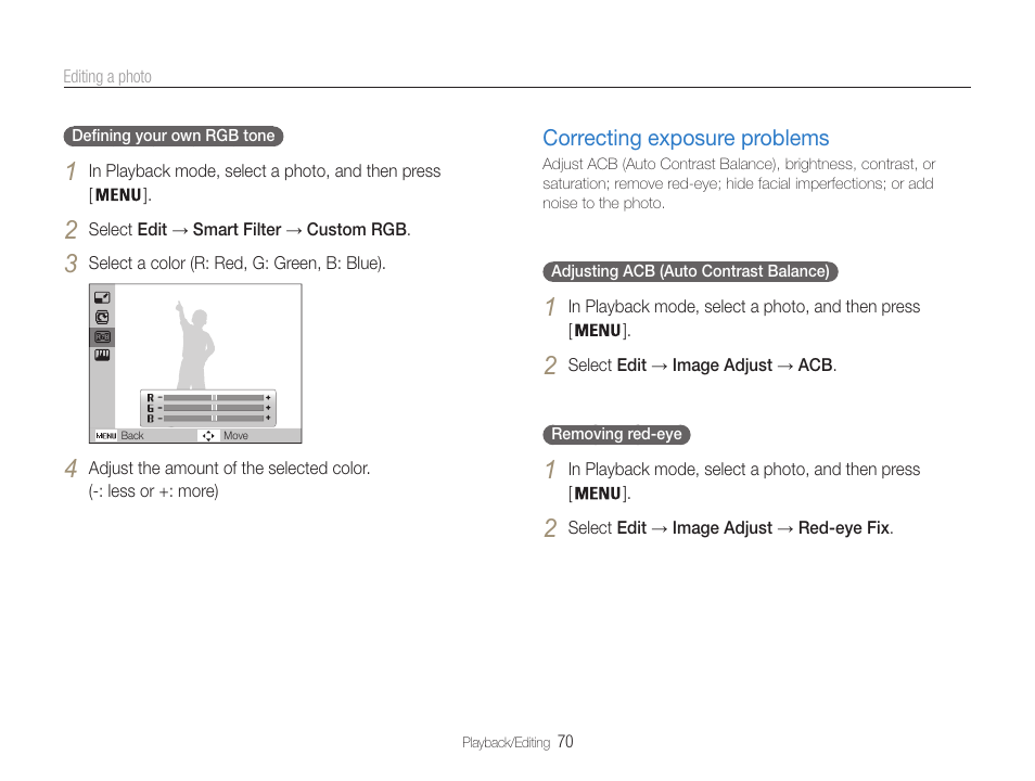 Correcting exposure problems, Correcting exposure problems …………… 70 | Samsung EC-ST90ZZBPSUS User Manual | Page 71 / 113