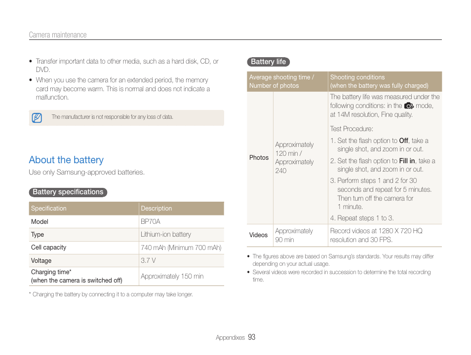 About the battery, About the battery …………………………………… 93 | Samsung EC-ST90ZZBPSUS User Manual | Page 94 / 113