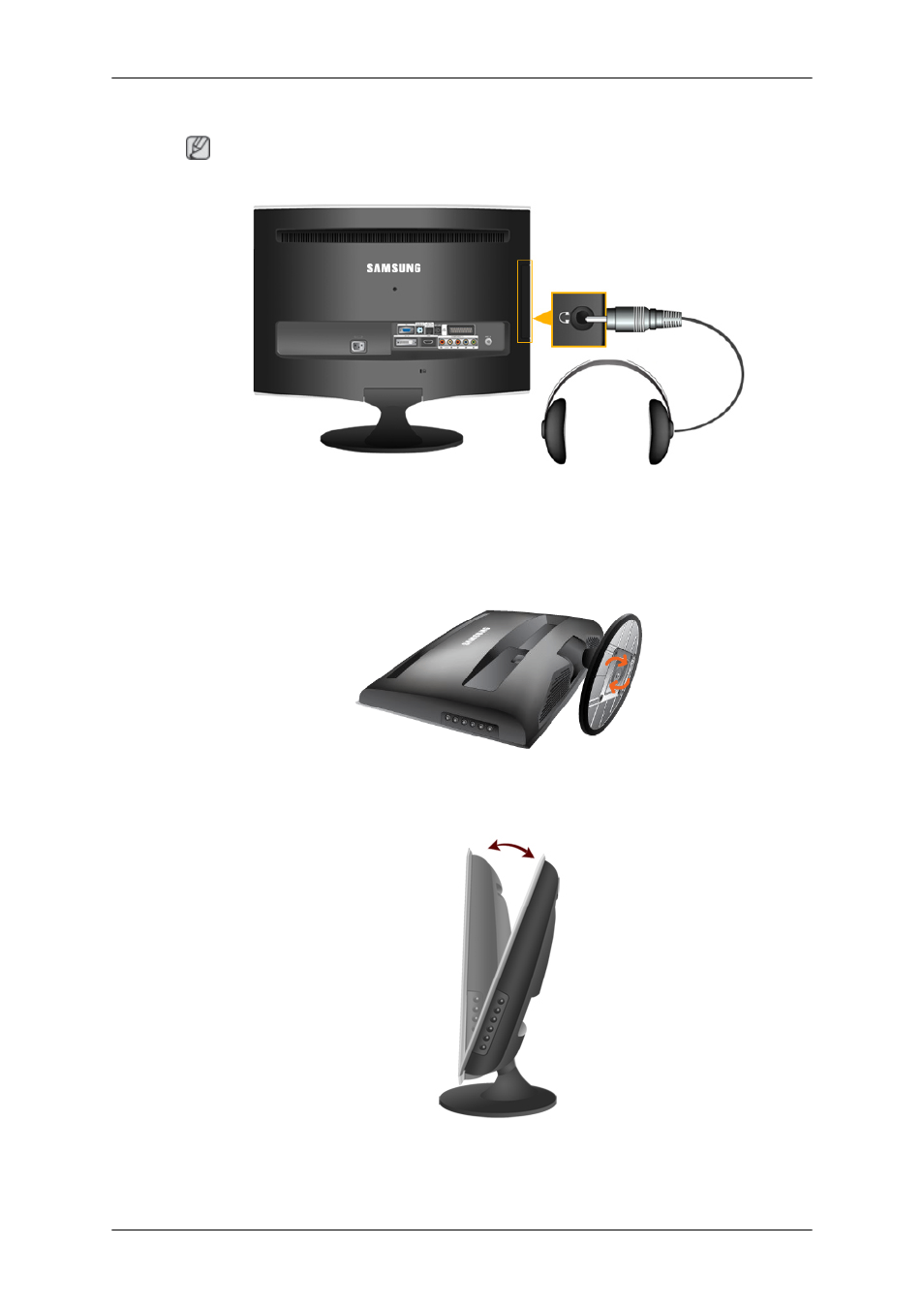 Connecting headphone, Using the stand, Monitor assembly | Tilt angle | Samsung LS24TDNSUV-ZA User Manual | Page 26 / 80