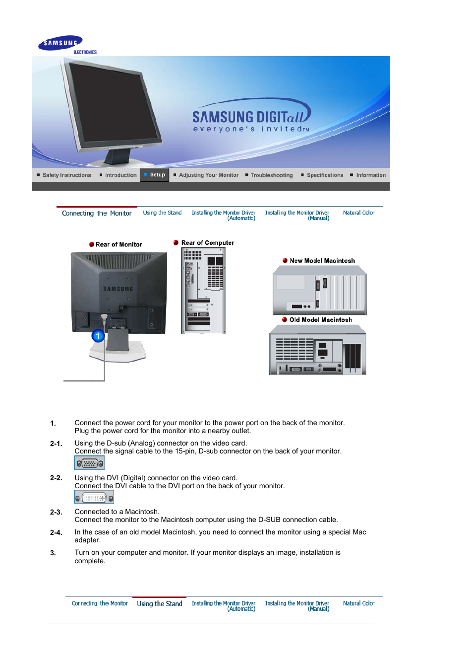 Setup, Connecting the monitor | Samsung LS17BIDKSV-EDC User Manual | Page 13 / 64