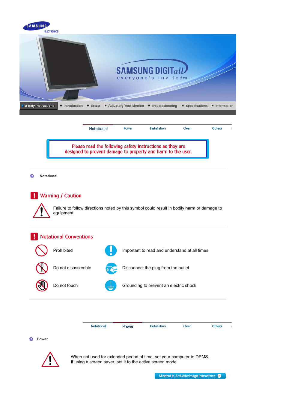 Safety instructions, Notational, Power | Samsung LS17BIDKSV-EDC User Manual | Page 2 / 64