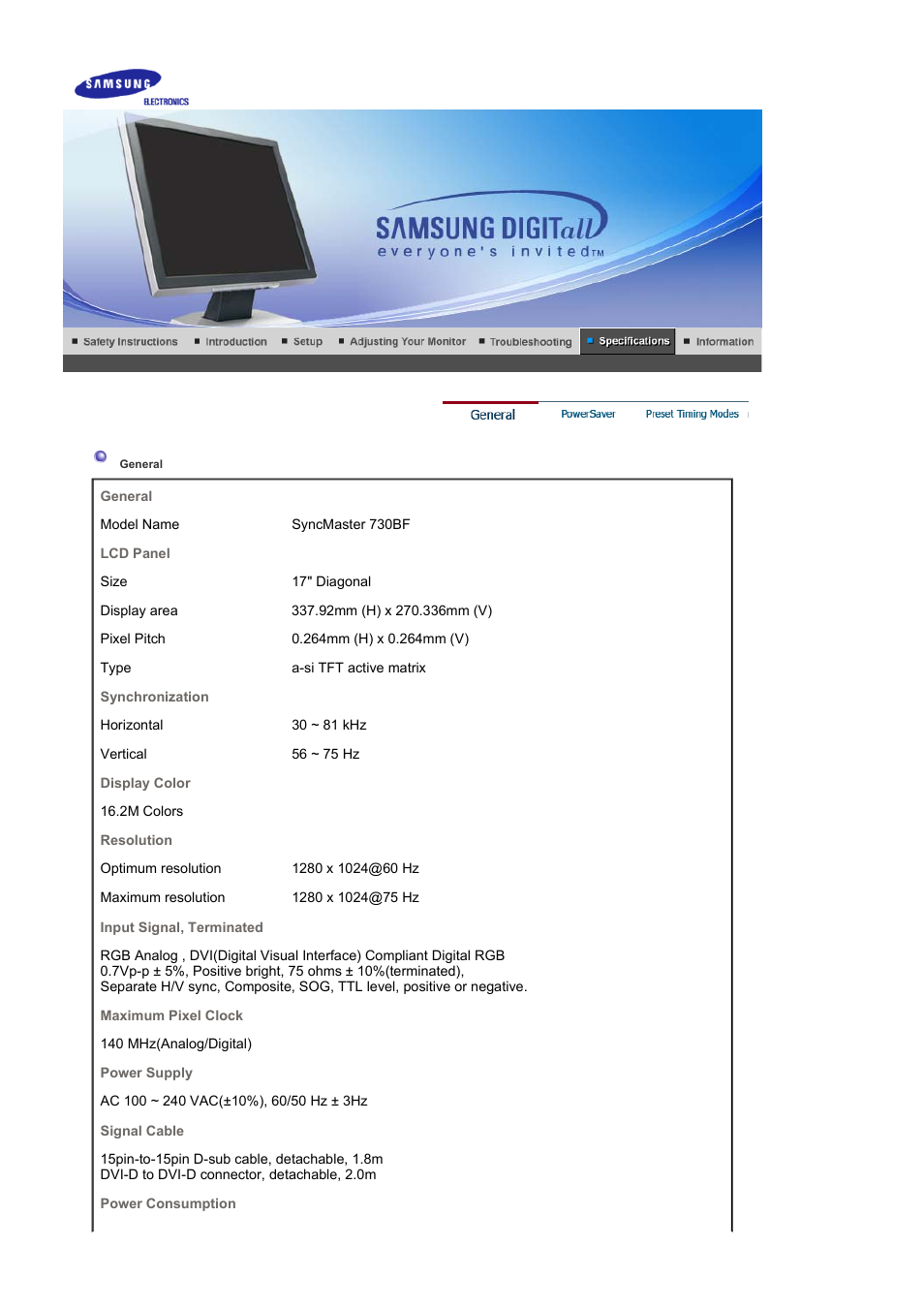 Specifications, Syncmaster 730b, General | Samsung LS17BIDKSV-EDC User Manual | Page 51 / 64