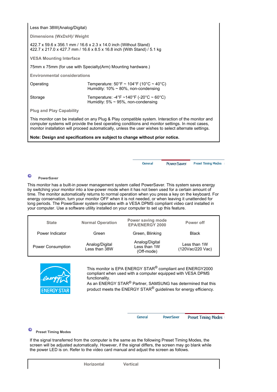 Powersaver, Preset timing modes | Samsung LS17BIDKSV-EDC User Manual | Page 55 / 64
