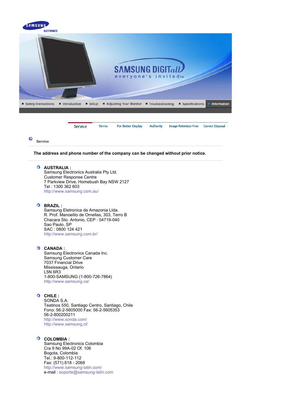 Information, Service | Samsung LS17BIDKSV-EDC User Manual | Page 57 / 64