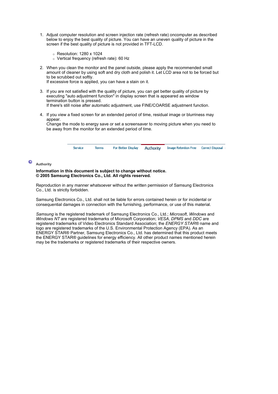 For better display, Authority | Samsung LS17BIDKSV-EDC User Manual | Page 61 / 64