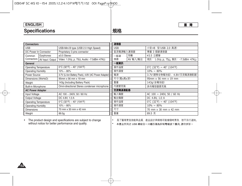 規規格 格, Specifications | Samsung HMX-S10BN-XAA User Manual | Page 152 / 156