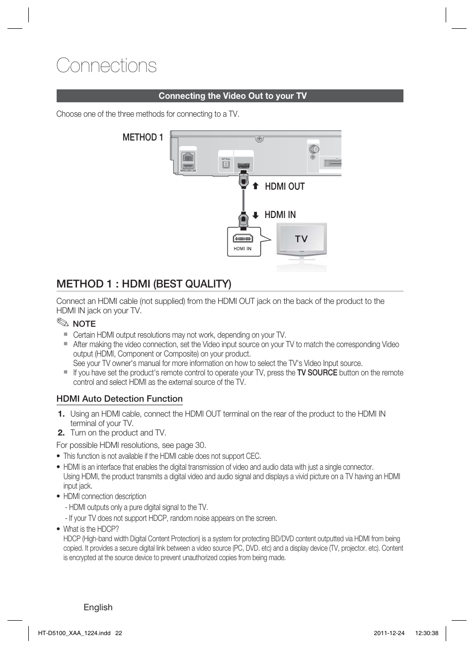 Connections, Method 1 : hdmi (best quality), Hdmi out hdmi in method 1 | Samsung HT-D5100-ZC User Manual | Page 22 / 82