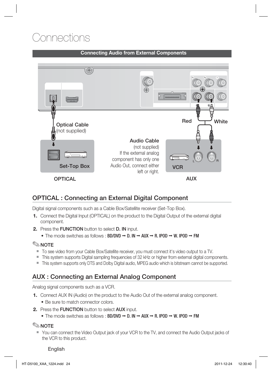 Connections, Optical : connecting an external digital component, Aux : connecting an external analog component | Samsung HT-D5100-ZC User Manual | Page 24 / 82