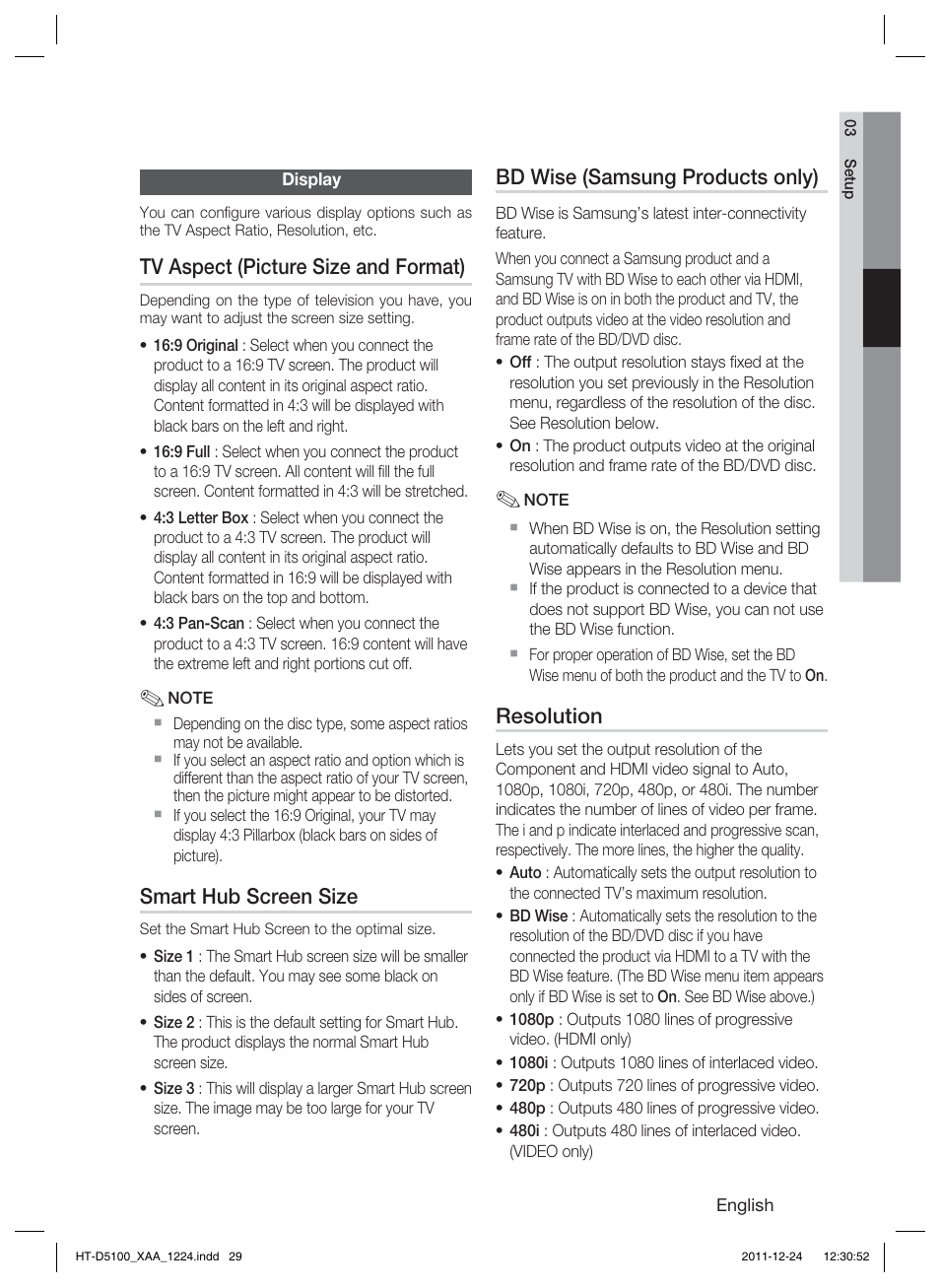 Tv aspect (picture size and format), Smart hub screen size, Bd wise (samsung products only) | Resolution | Samsung HT-D5100-ZC User Manual | Page 29 / 82