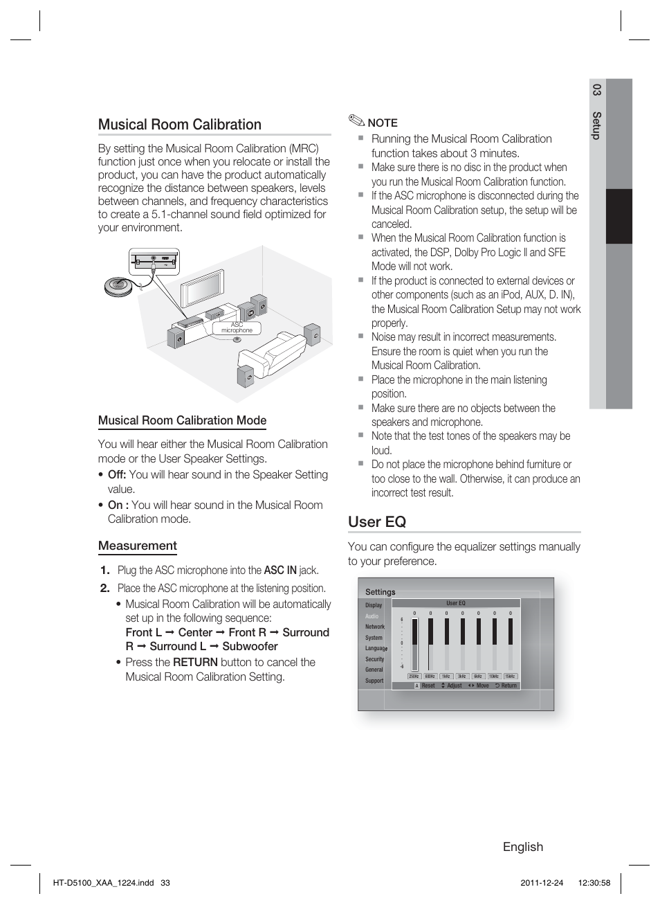 Musical room calibration, User eq, English | Musical room calibration mode, Measurement | Samsung HT-D5100-ZC User Manual | Page 33 / 82