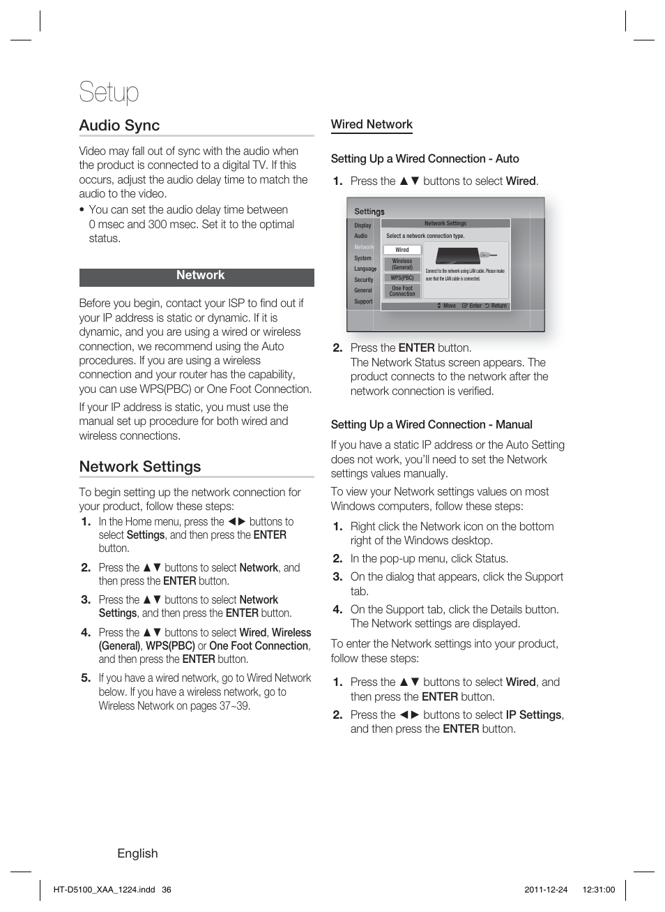 Setup, Audio sync, Network settings | Samsung HT-D5100-ZC User Manual | Page 36 / 82