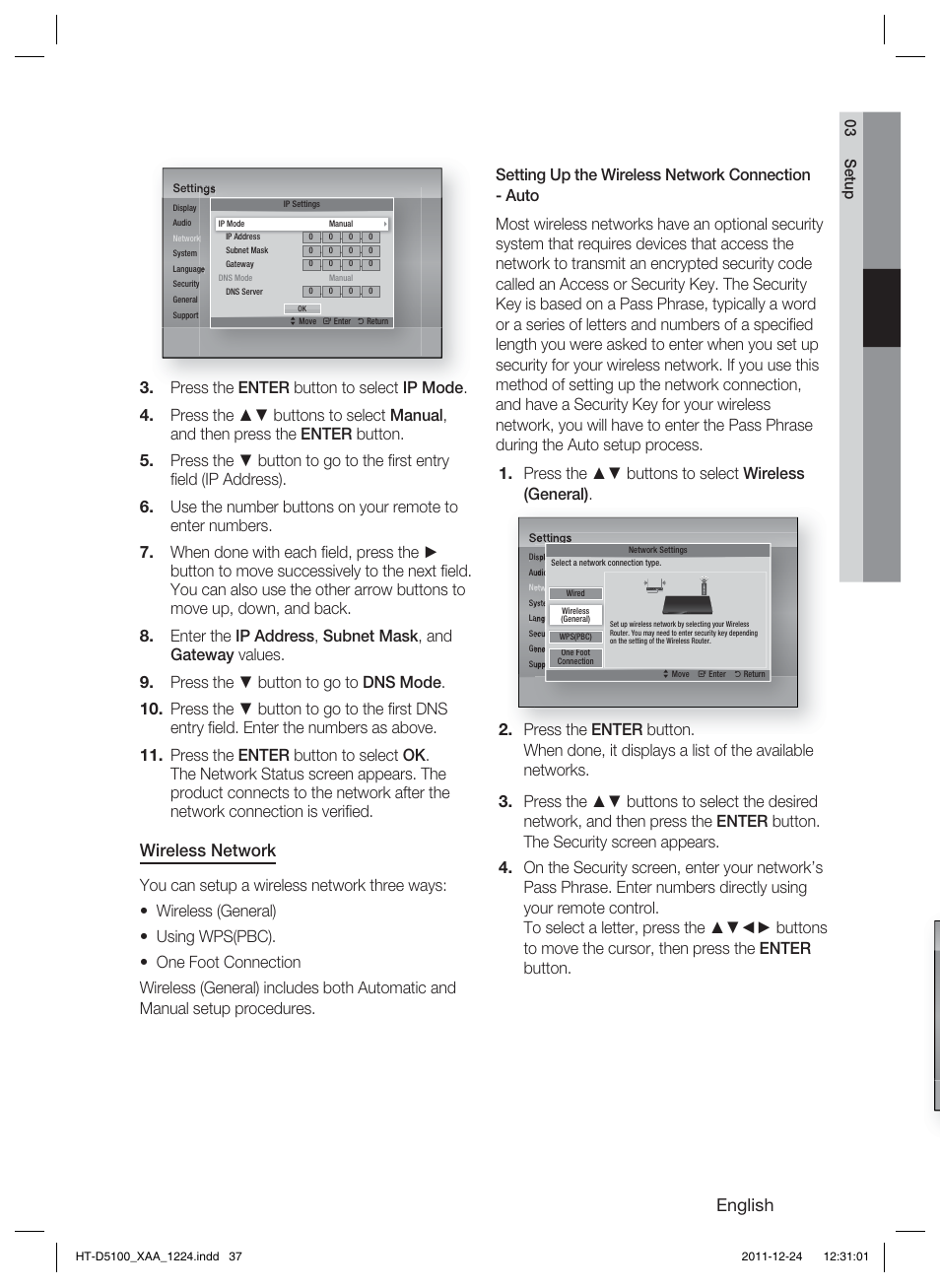 English, Wireless network | Samsung HT-D5100-ZC User Manual | Page 37 / 82