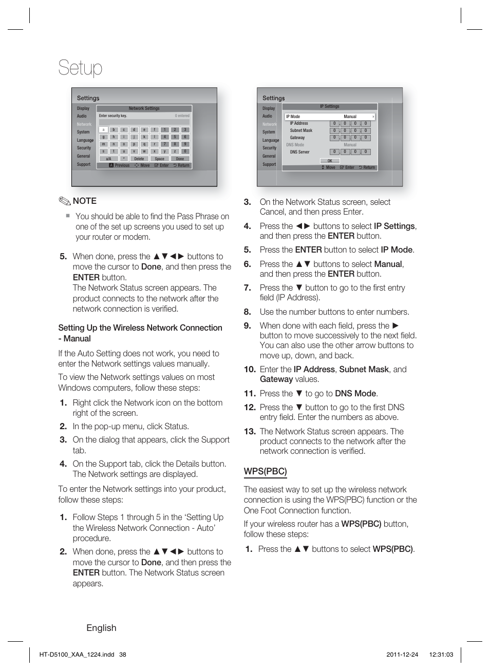 Setup, English, Wps(pbc) | Samsung HT-D5100-ZC User Manual | Page 38 / 82