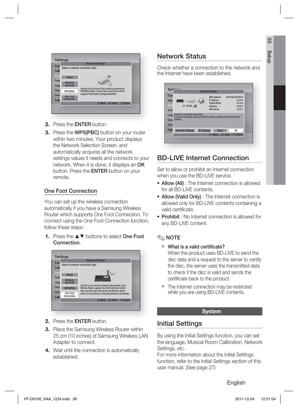 Network status, Bd-live internet connection, Initial settings | English, One foot connection, System | Samsung HT-D5100-ZC User Manual | Page 39 / 82