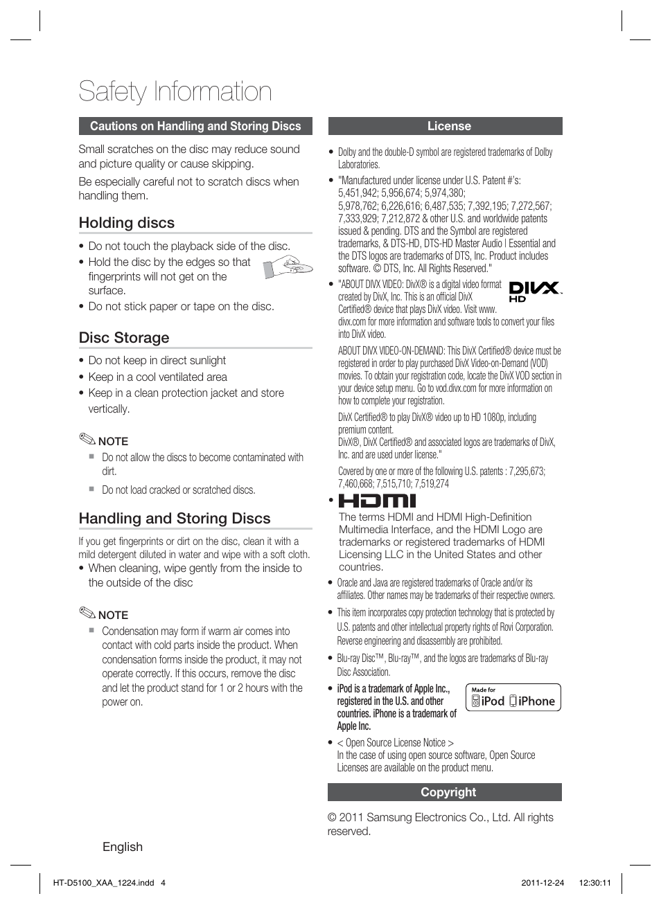 Safety information, Holding discs, Disc storage | Handling and storing discs | Samsung HT-D5100-ZC User Manual | Page 4 / 82