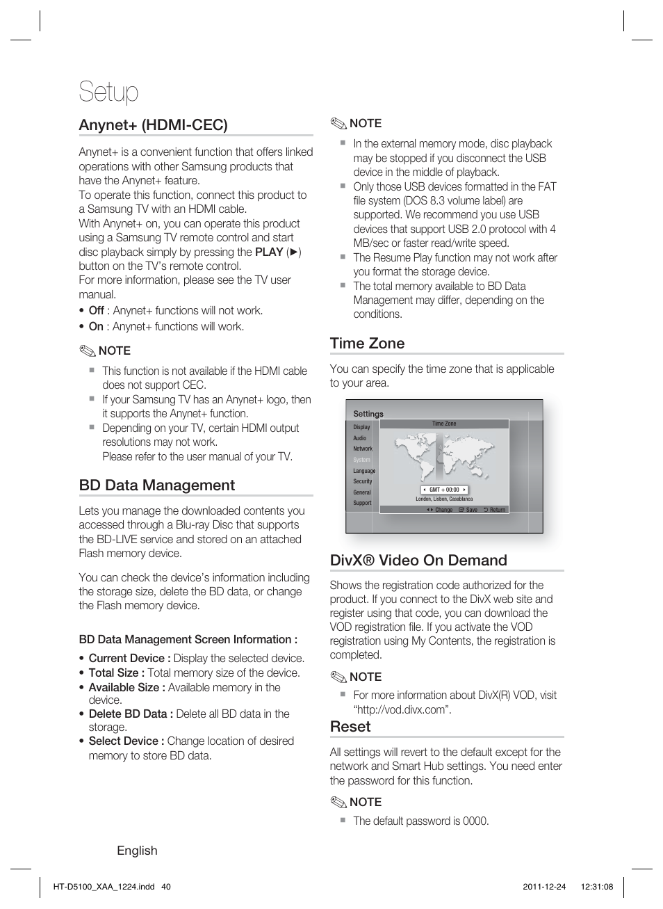 Setup, Anynet+ (hdmi-cec), Bd data management | Time zone, Divx® video on demand, Reset | Samsung HT-D5100-ZC User Manual | Page 40 / 82
