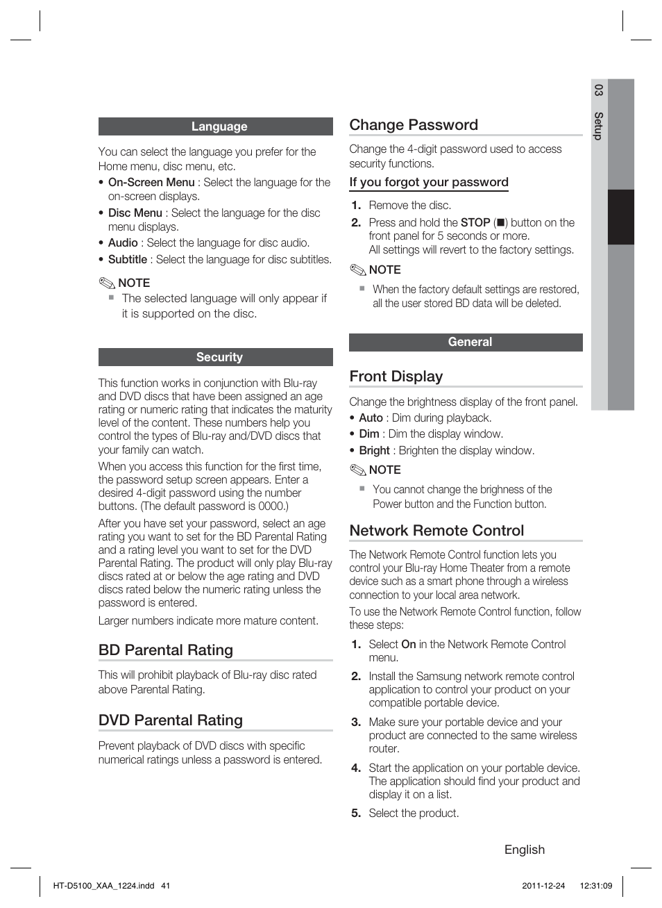Bd parental rating, Dvd parental rating, Change password | Front display, Network remote control | Samsung HT-D5100-ZC User Manual | Page 41 / 82