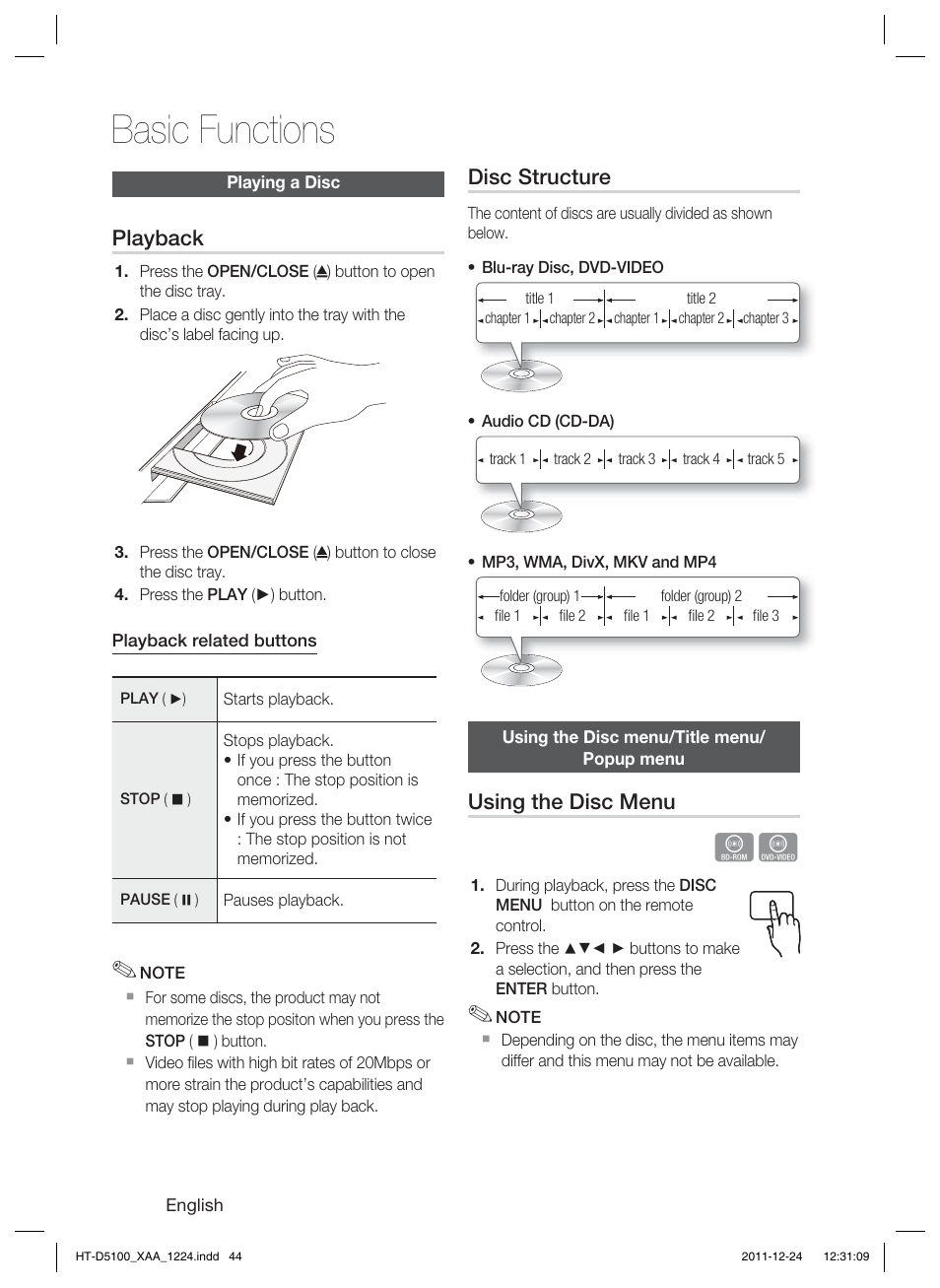 Basic functions, Playback, Disc structure | Using the disc menu | Samsung HT-D5100-ZC User Manual | Page 44 / 82