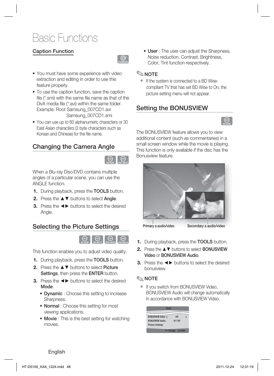 Basic functions, Hzzy, Changing the camera angle | Selecting the picture settings, Setting the bonusview | Samsung HT-D5100-ZC User Manual | Page 48 / 82