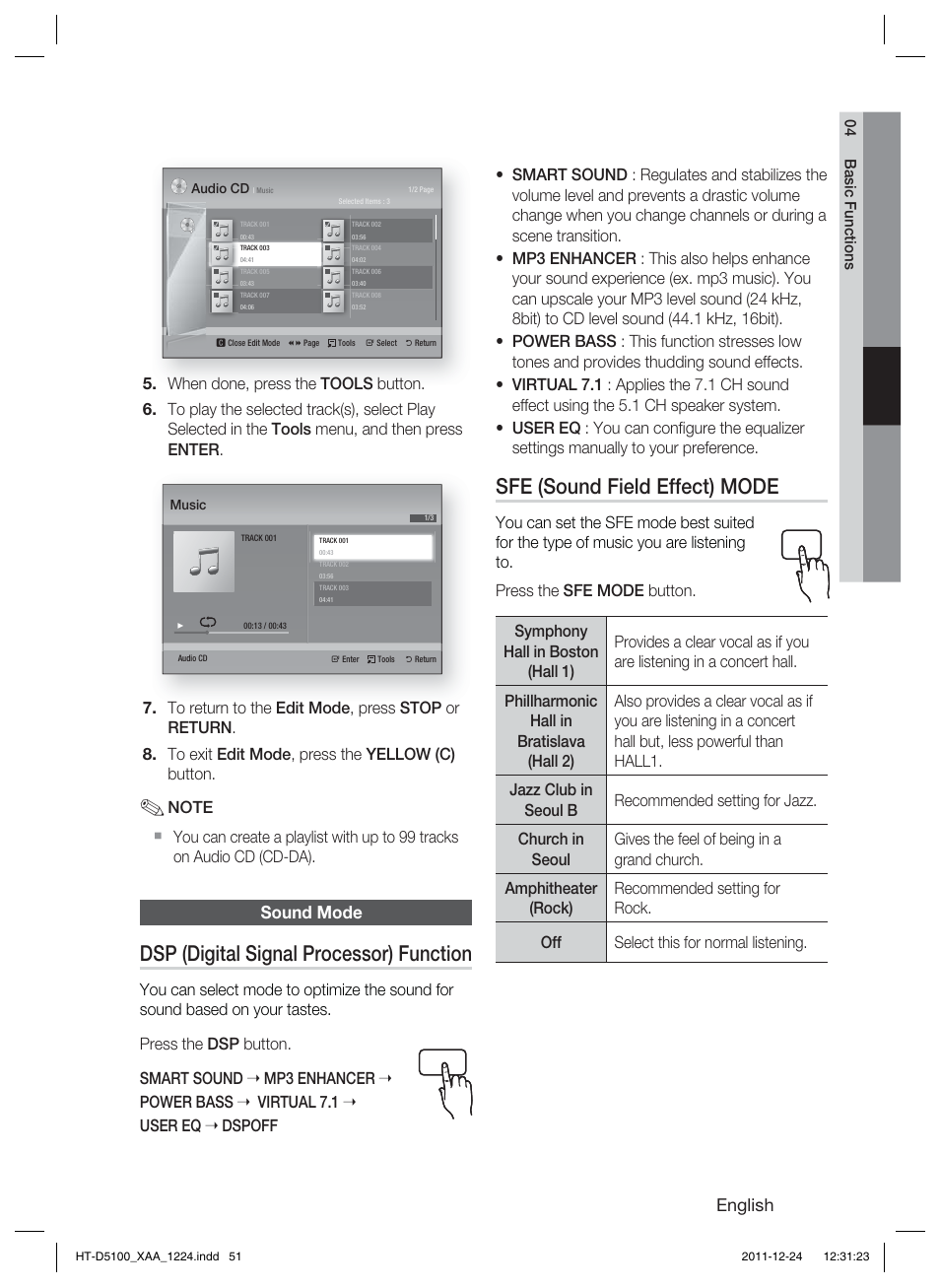 Dsp (digital signal processor) function, Sfe (sound field effect) mode, English | Sound mode | Samsung HT-D5100-ZC User Manual | Page 51 / 82