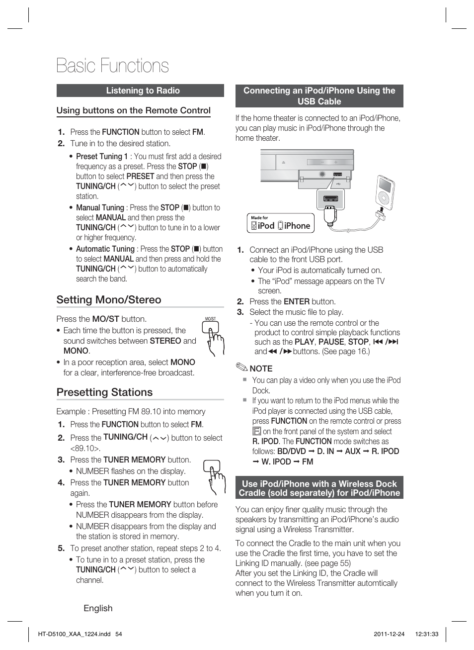 Basic functions, Setting mono/stereo, Presetting stations | Samsung HT-D5100-ZC User Manual | Page 54 / 82