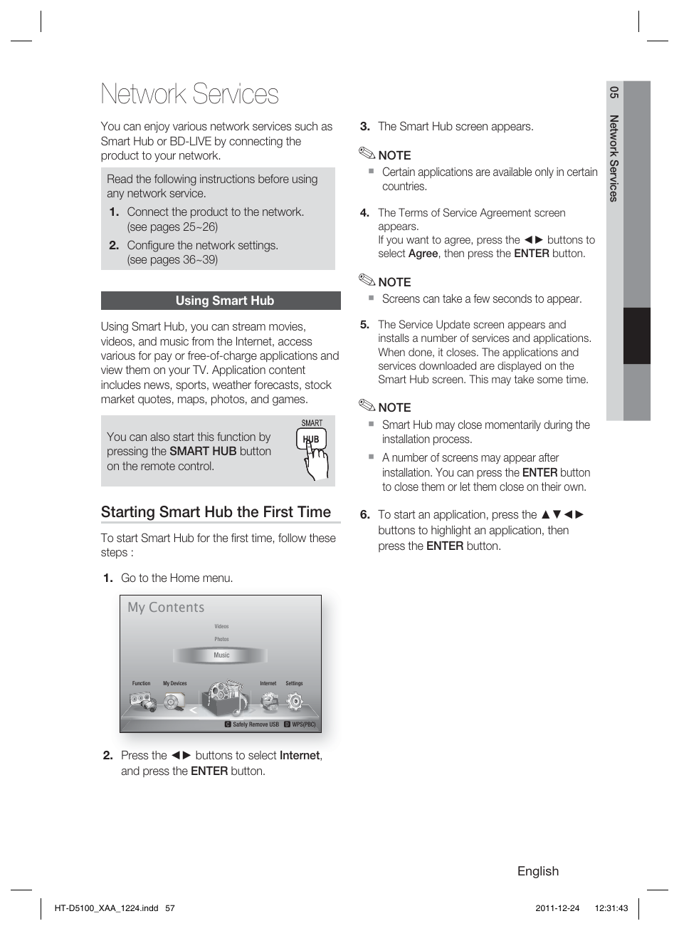 Network services, Starting smart hub the first time | Samsung HT-D5100-ZC User Manual | Page 57 / 82