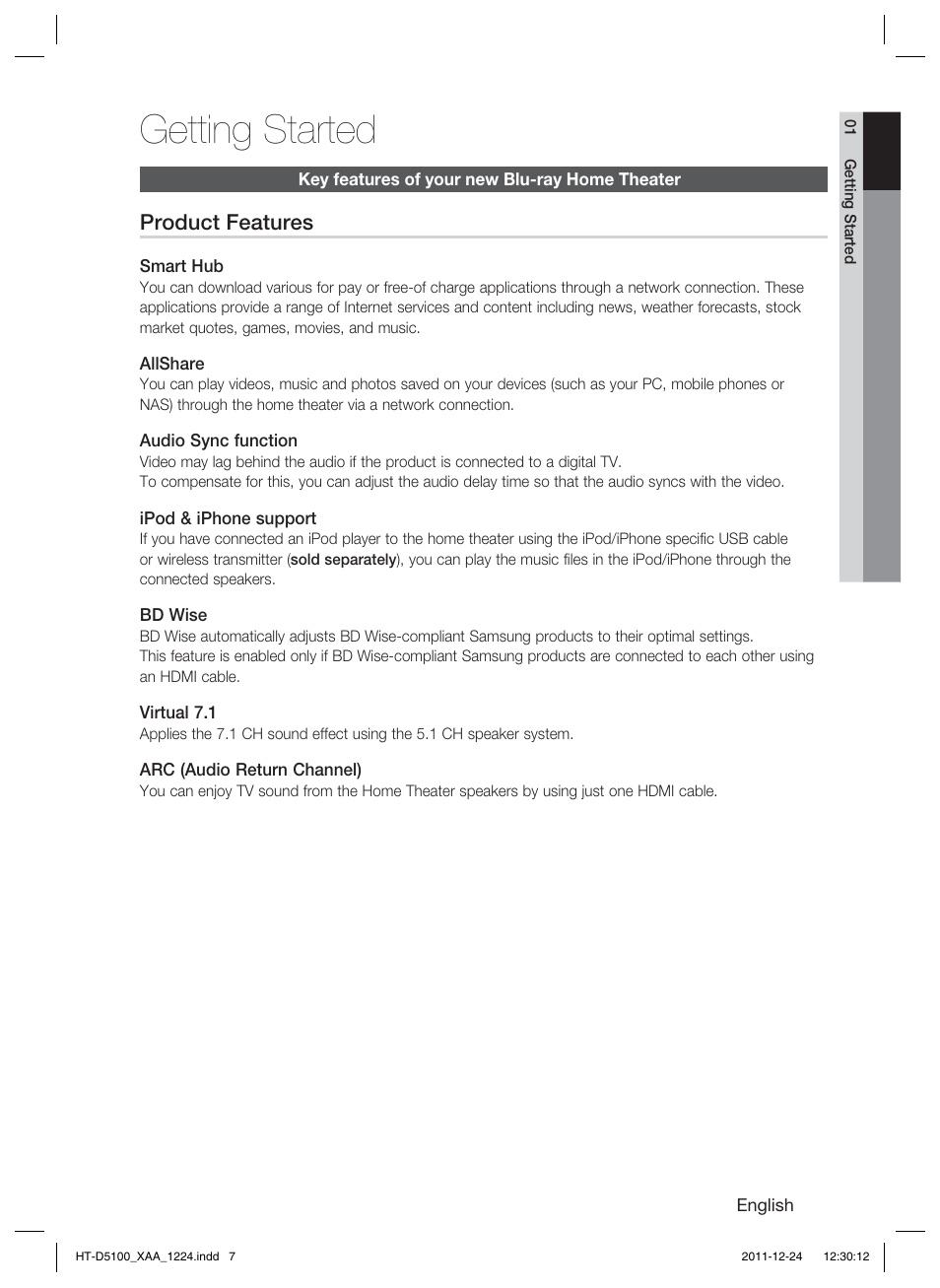 Getting started | Samsung HT-D5100-ZC User Manual | Page 7 / 82