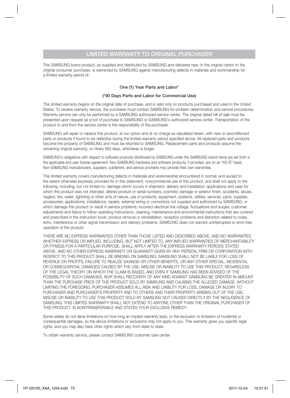 Limited warranty to original purchaser | Samsung HT-D5100-ZC User Manual | Page 80 / 82