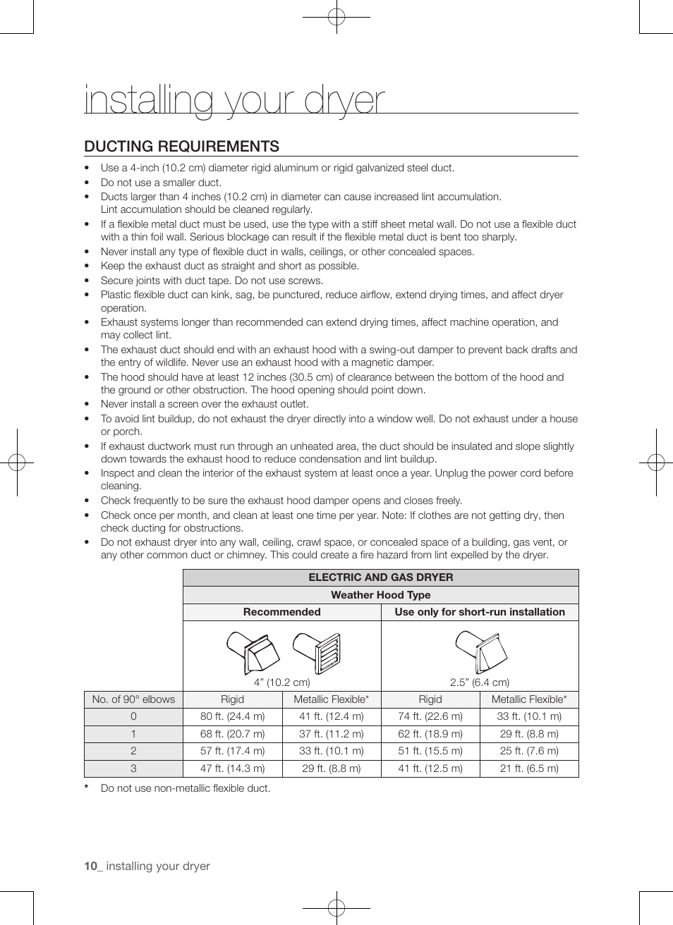 Installing your dryer, Ducting requirements | Samsung DV456ETHDSU-AA User Manual | Page 10 / 120