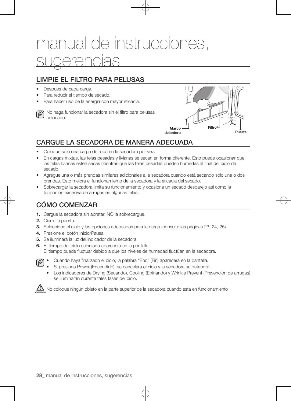 Manual de instrucciones, sugerencias, Limpie el filtro para pelusas, Cargue la secadora de manera adecuada | Cómo comenzar | Samsung DV456ETHDSU-AA User Manual | Page 108 / 120