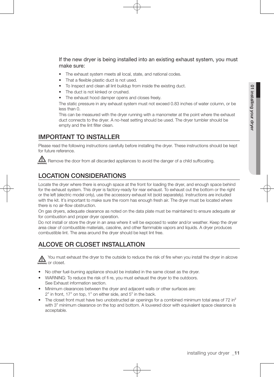Important to installer, Location considerations, Alcove or closet installation | Samsung DV456ETHDSU-AA User Manual | Page 11 / 120