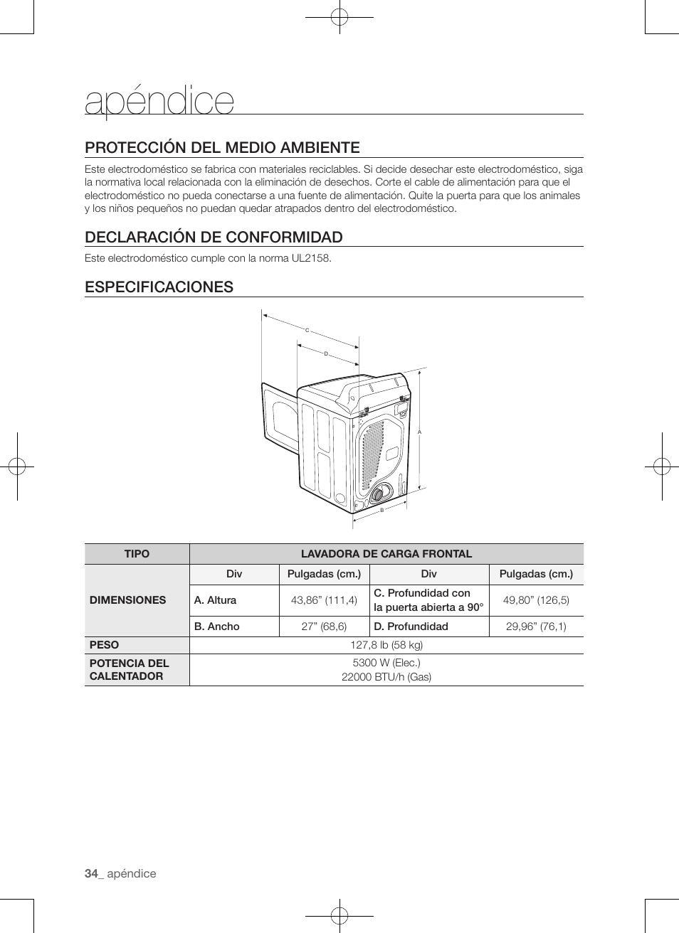 Apéndice, Protección del medio ambiente, Declaración de conformidad | Especificaciones | Samsung DV456ETHDSU-AA User Manual | Page 114 / 120