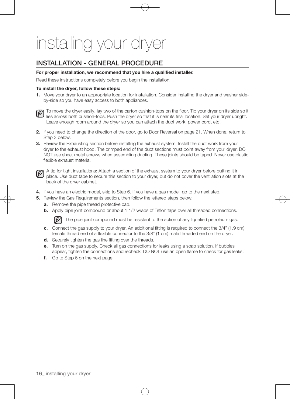 Installing your dryer, Installation - general procedure | Samsung DV456ETHDSU-AA User Manual | Page 16 / 120