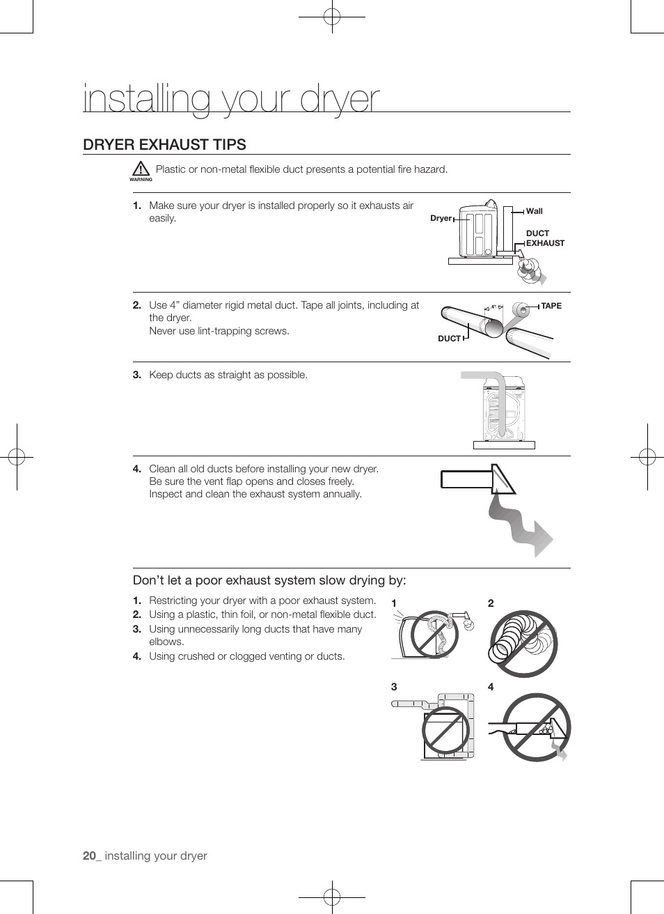 Installing your dryer, Dryer exhaust tips | Samsung DV456ETHDSU-AA User Manual | Page 20 / 120