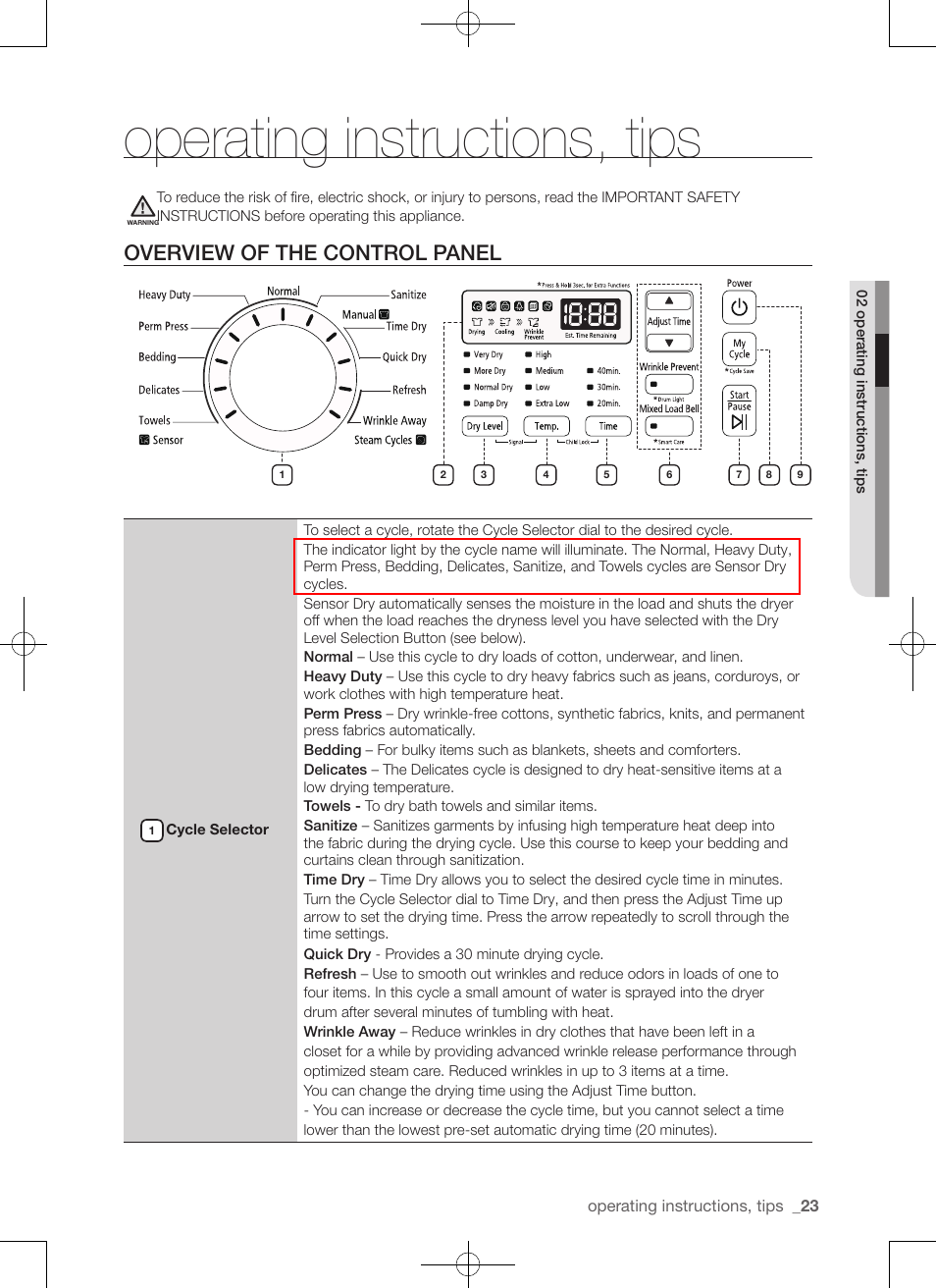 Operating instructions, tips, Overview of the control panel | Samsung DV456ETHDSU-AA User Manual | Page 23 / 120