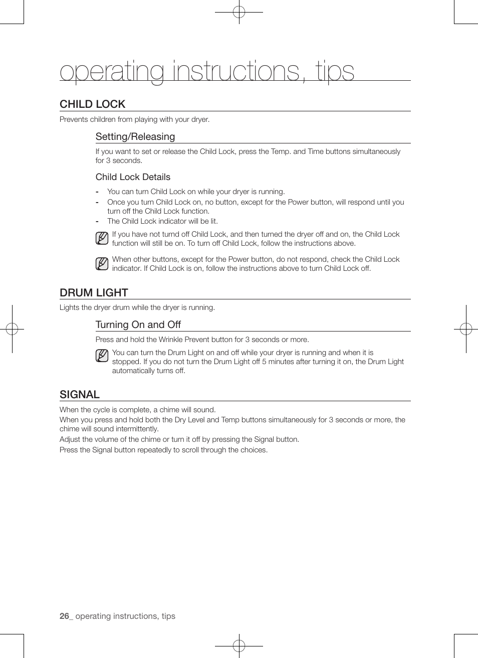 Operating instructions, tips, Child lock, Drum light | Signal | Samsung DV456ETHDSU-AA User Manual | Page 26 / 120