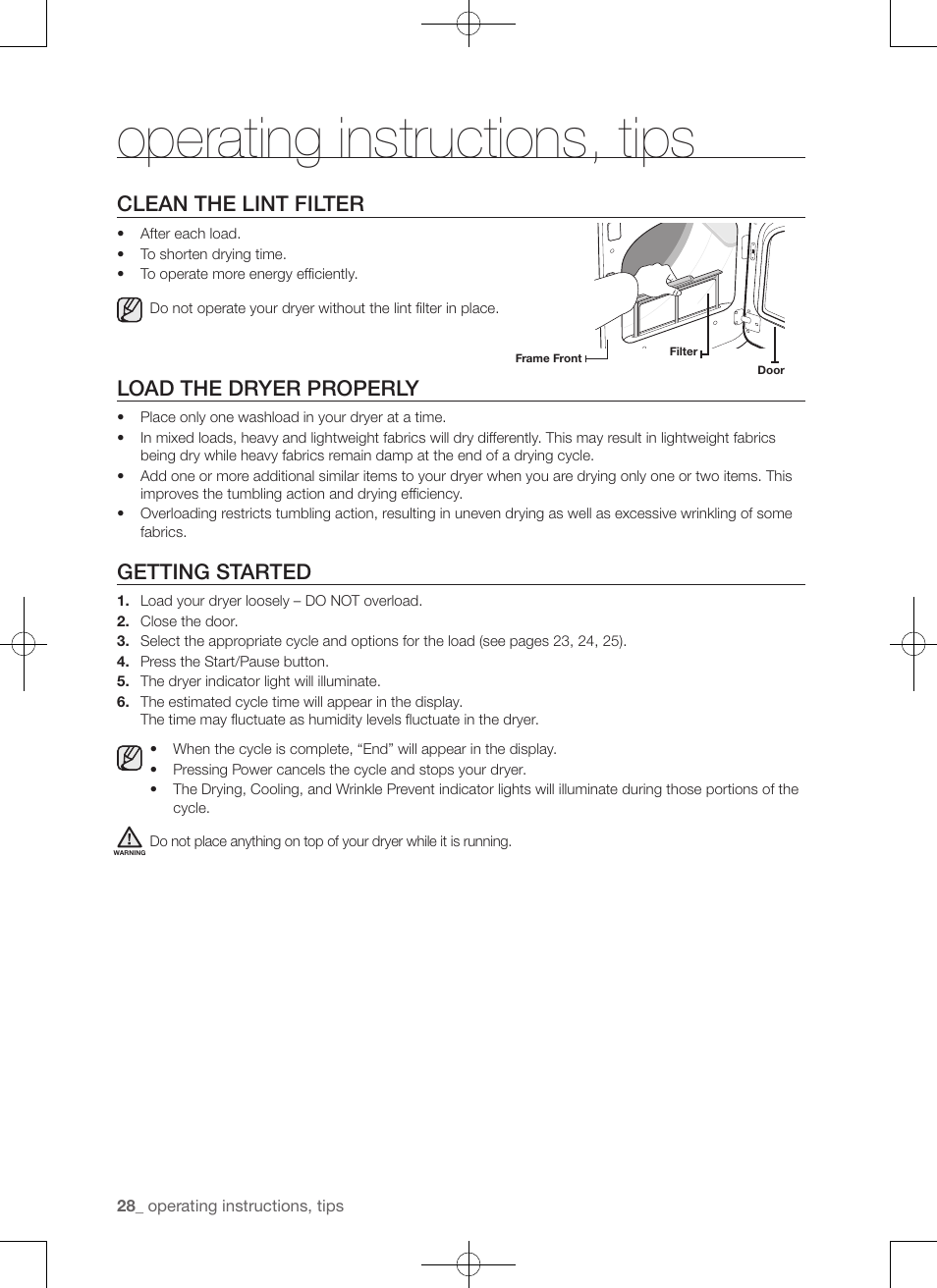 Operating instructions, tips, Clean the lint filter, Load the dryer properly | Getting started | Samsung DV456ETHDSU-AA User Manual | Page 28 / 120