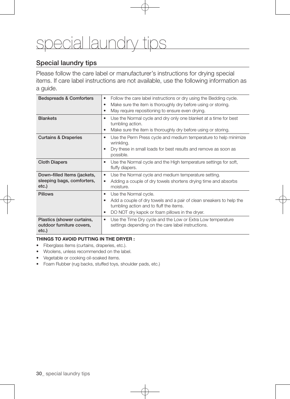 Special laundry tips | Samsung DV456ETHDSU-AA User Manual | Page 30 / 120