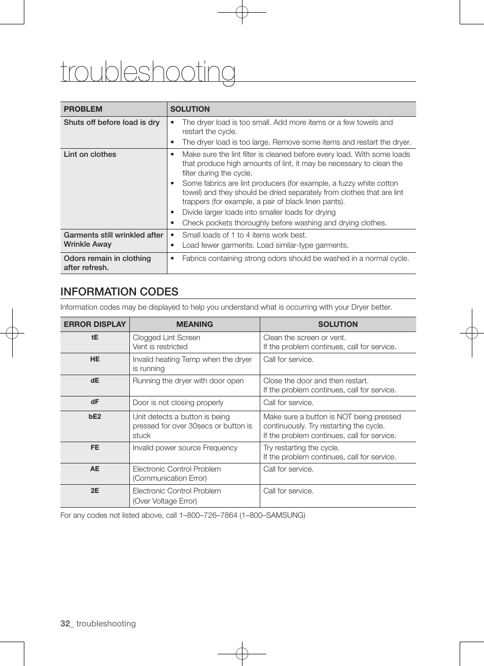 Troubleshooting, Information codes | Samsung DV456ETHDSU-AA User Manual | Page 32 / 120