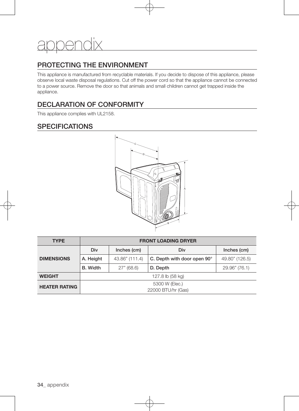 Appendix, Protecting the environment, Declaration of conformity | Specifications | Samsung DV456ETHDSU-AA User Manual | Page 34 / 120