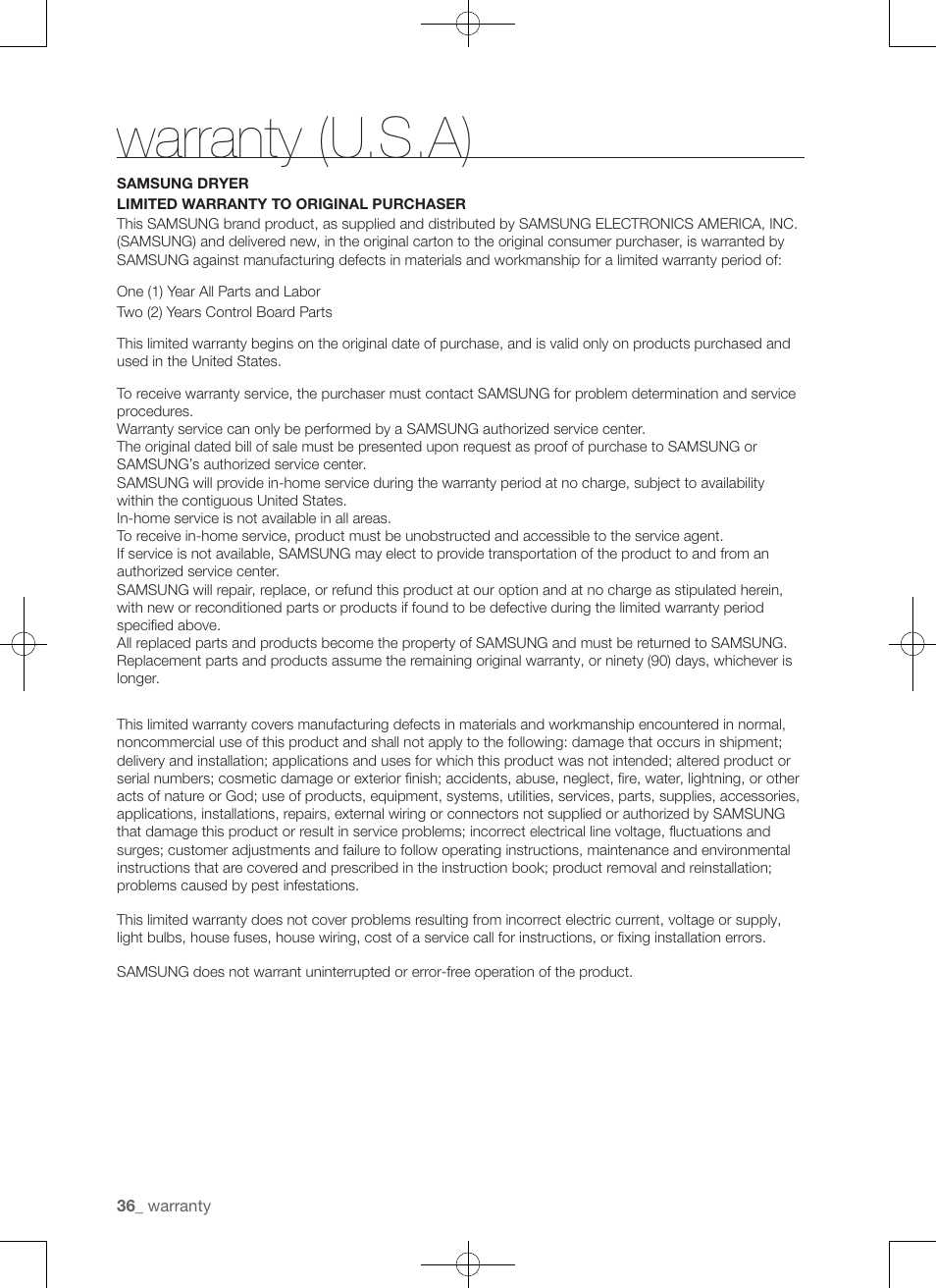 Warranty (u.s.a) | Samsung DV456ETHDSU-AA User Manual | Page 36 / 120