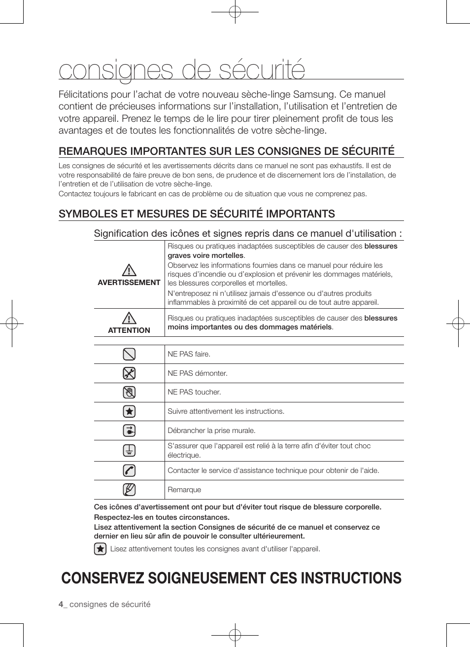 Consignes de sécurité, Conservez soigneusement ces instructions, Symboles et mesures de sécurité importants | Samsung DV456ETHDSU-AA User Manual | Page 44 / 120