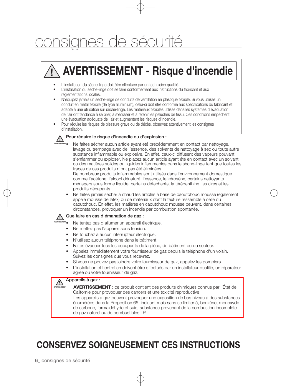 Consignes de sécurité, Avertissement - risque d'incendie, Conservez soigneusement ces instructions | Samsung DV456ETHDSU-AA User Manual | Page 46 / 120