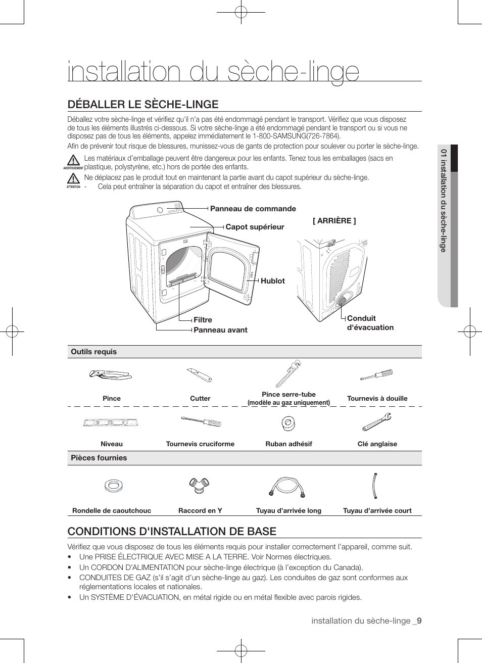 Installation du sèche-linge, Déballer le sèche-linge, Conditions d'installation de base | Samsung DV456ETHDSU-AA User Manual | Page 49 / 120
