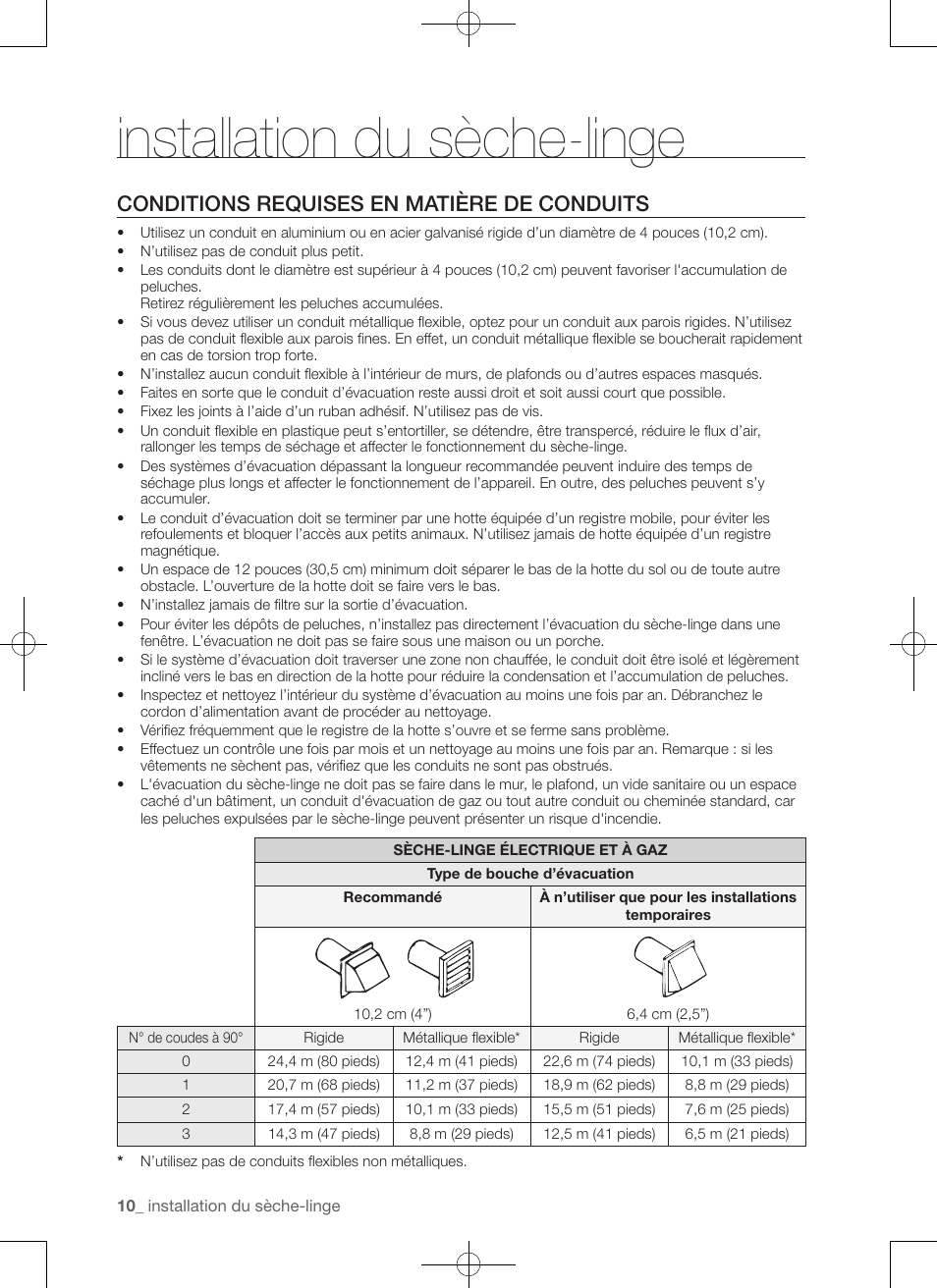 Installation du sèche-linge, Conditions requises en matière de conduits | Samsung DV456ETHDSU-AA User Manual | Page 50 / 120