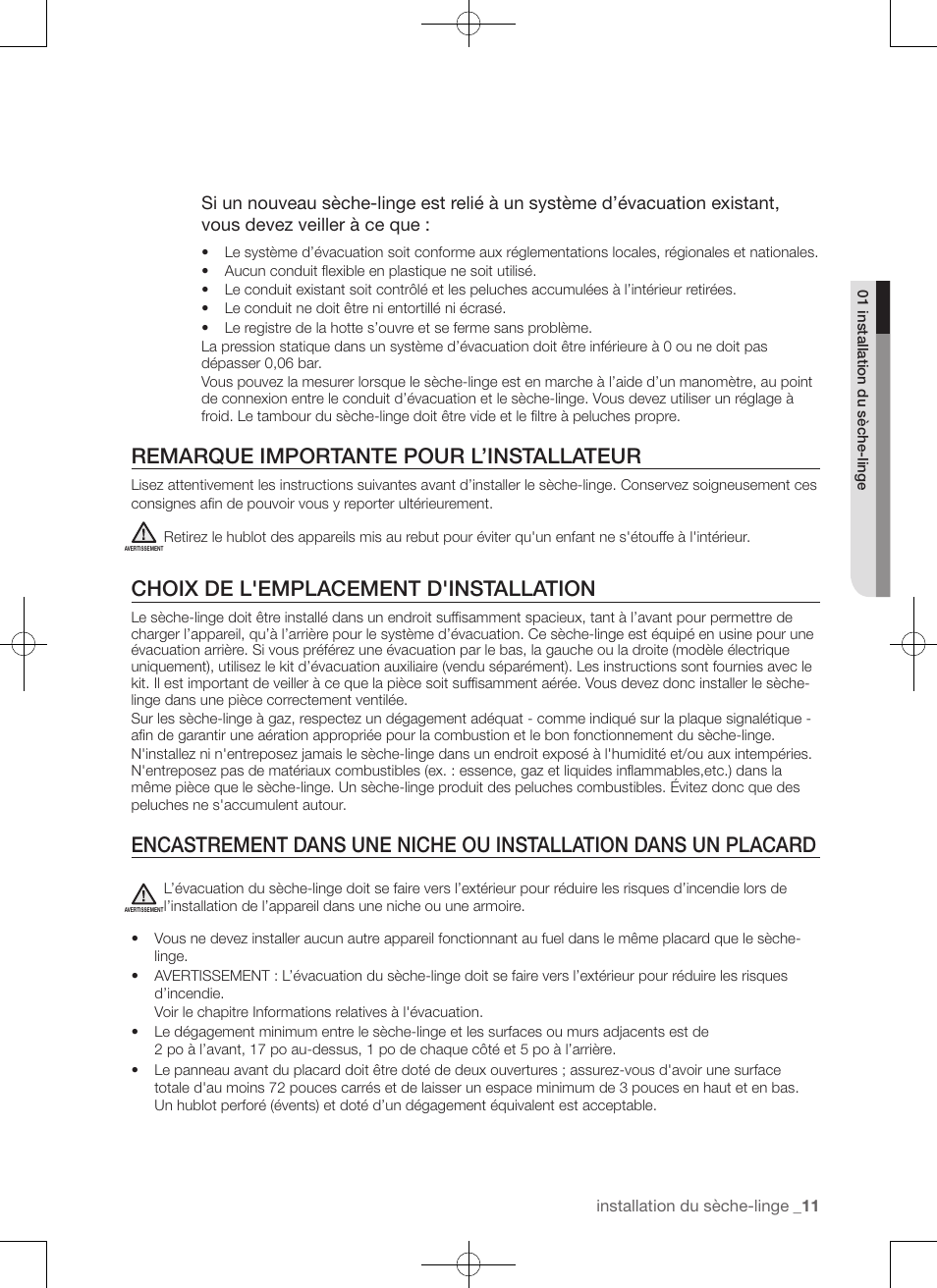 Remarque importante pour l’installateur, Choix de l'emplacement d'installation | Samsung DV456ETHDSU-AA User Manual | Page 51 / 120