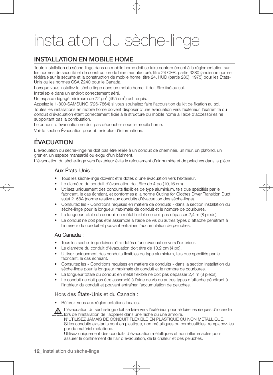 Installation du sèche-linge, Installation en mobile home, Évacuation | Samsung DV456ETHDSU-AA User Manual | Page 52 / 120
