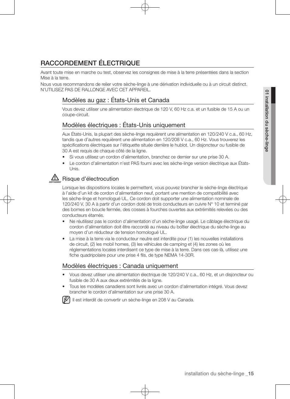 Raccordement électrique, Modèles au gaz : états-unis et canada, Modèles électriques : états-unis uniquement | Modèles électriques : canada uniquement | Samsung DV456ETHDSU-AA User Manual | Page 55 / 120