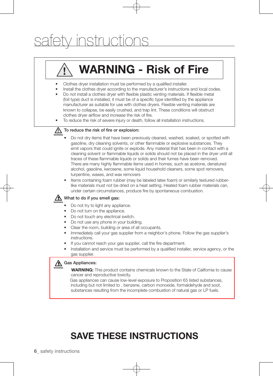 Safety instructions, Warning - risk of fire, Save these instructions | Samsung DV456ETHDSU-AA User Manual | Page 6 / 120