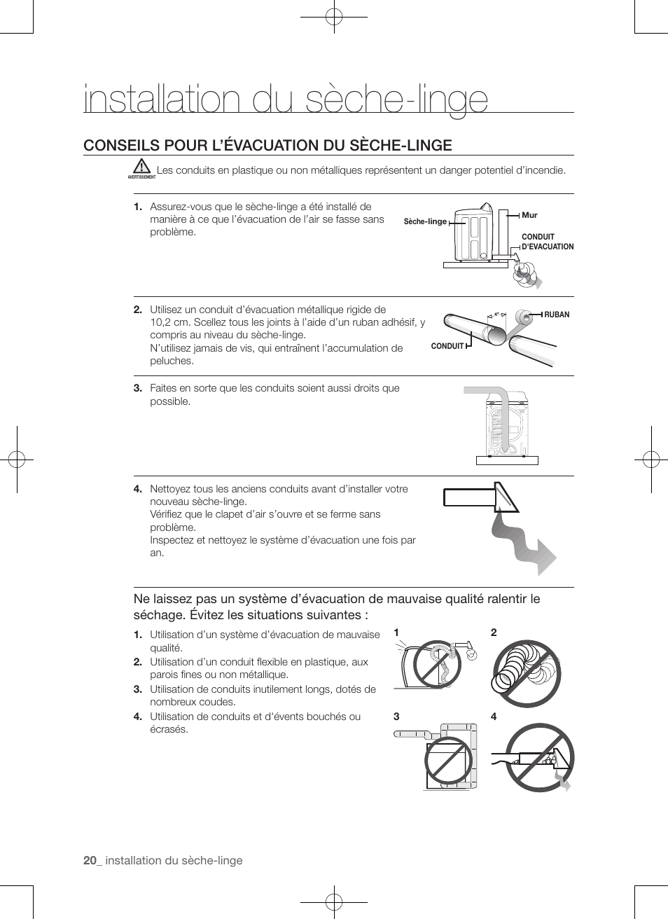 Installation du sèche-linge, Conseils pour l’évacuation du sèche-linge | Samsung DV456ETHDSU-AA User Manual | Page 60 / 120